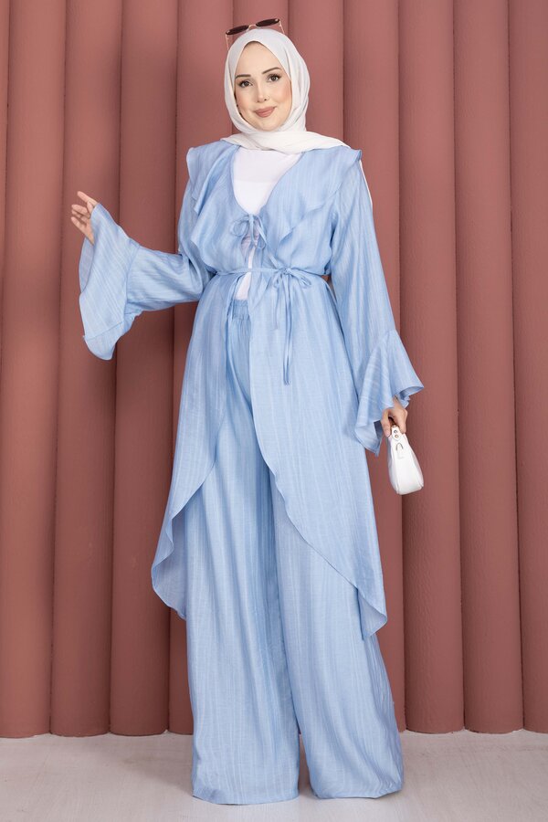 Fırfırlı Kuşaklı Kimono Pantolon Takım Bebe Mavisi - 3