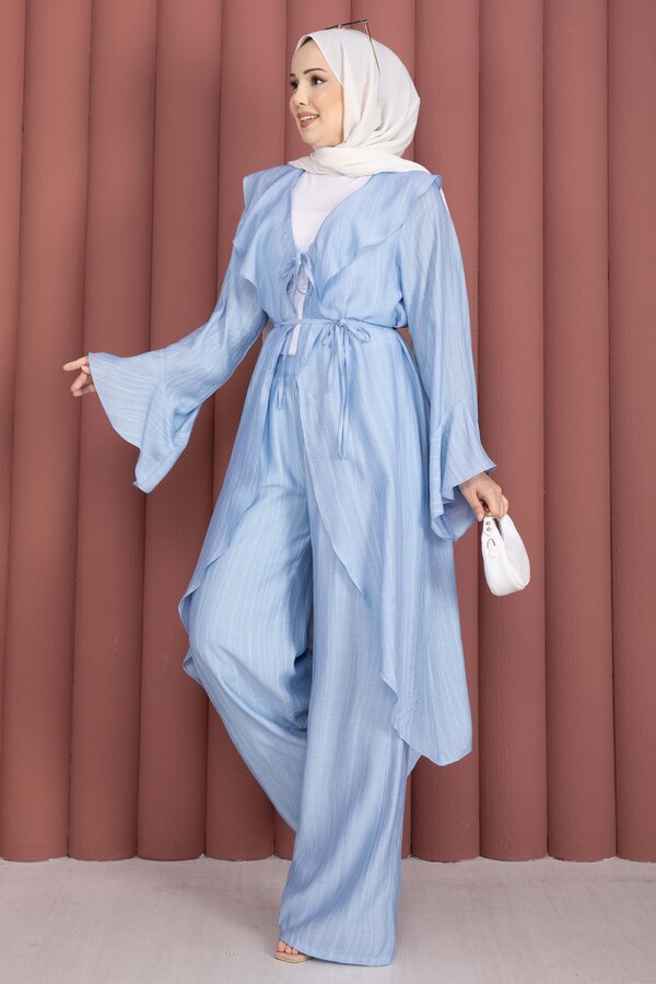 Fırfırlı Kuşaklı Kimono Pantolon Takım Bebe Mavisi - 4