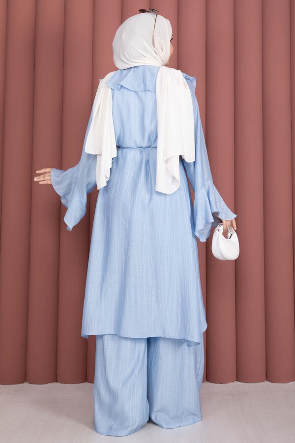 Fırfırlı Kuşaklı Kimono Pantolon Takım Bebe Mavisi - 5