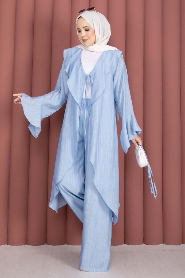 Ums - Fırfırlı Kuşaklı Kimono Pantolon Takım Bebe Mavisi
