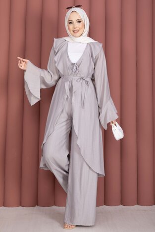 Fırfırlı Kuşaklı Kimono Pantolon Takım Gri