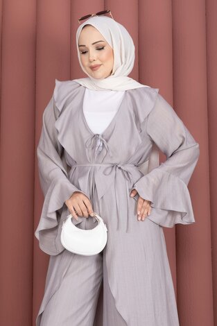 Fırfırlı Kuşaklı Kimono Pantolon Takım Gri - Thumbnail