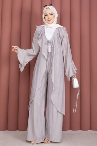 Fırfırlı Kuşaklı Kimono Pantolon Takım Gri - Thumbnail