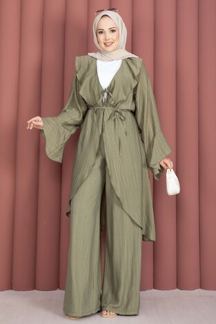 Fırfırlı Kuşaklı Kimono Pantolon Takım Haki - Thumbnail