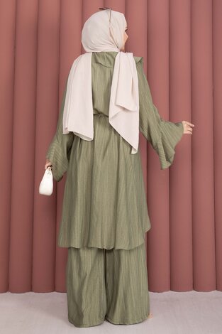 Fırfırlı Kuşaklı Kimono Pantolon Takım Haki - Thumbnail