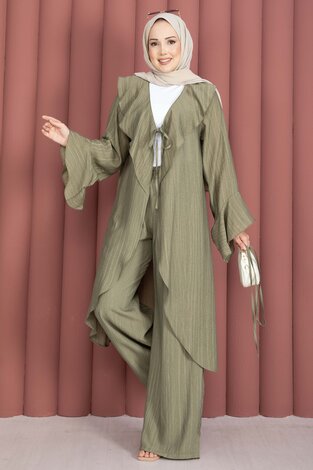 Fırfırlı Kuşaklı Kimono Pantolon Takım Haki - Thumbnail