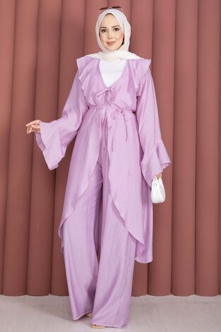 Fırfırlı Kuşaklı Kimono Pantolon Takım Lila - Thumbnail