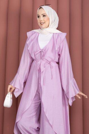 Fırfırlı Kuşaklı Kimono Pantolon Takım Lila - Thumbnail