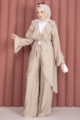 Fırfırlı Kuşaklı Kimono Pantolon Takım Vizon