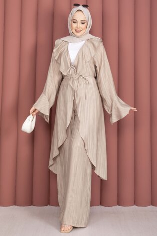 Fırfırlı Kuşaklı Kimono Pantolon Takım Vizon - Thumbnail