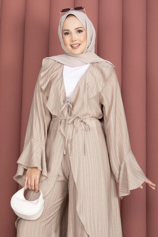 Fırfırlı Kuşaklı Kimono Pantolon Takım Vizon - Thumbnail