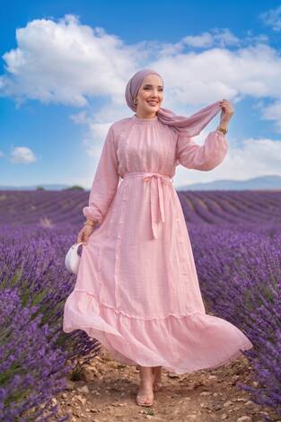 Fırfırlı Kuşaklı Tesettür Elbise Pembe