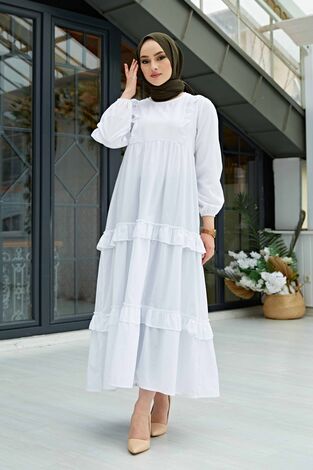 Fırfırlı Poplin Elbise 580YNS-4698 Beyaz - Thumbnail