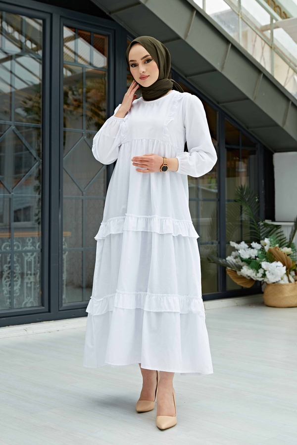 Fırfırlı Poplin Elbise 580YNS-4698 Beyaz