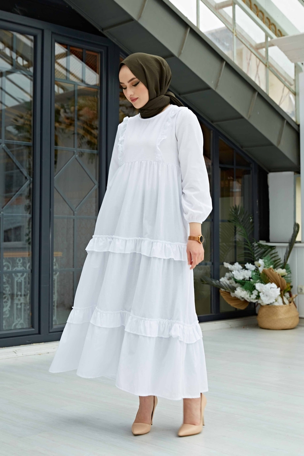 Fırfırlı Poplin Elbise 580YNS-4698 Beyaz