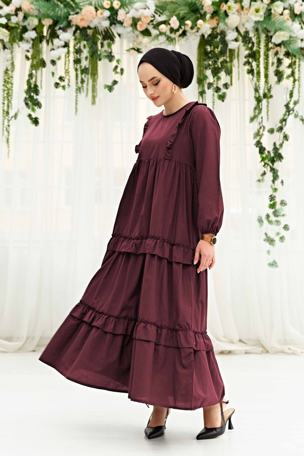 Yns - Fırfırlı Poplin Elbise 580YNS-4698 Bordo