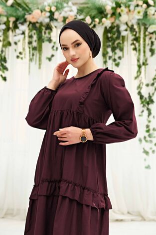 Fırfırlı Poplin Elbise 580YNS-4698 Bordo - Thumbnail