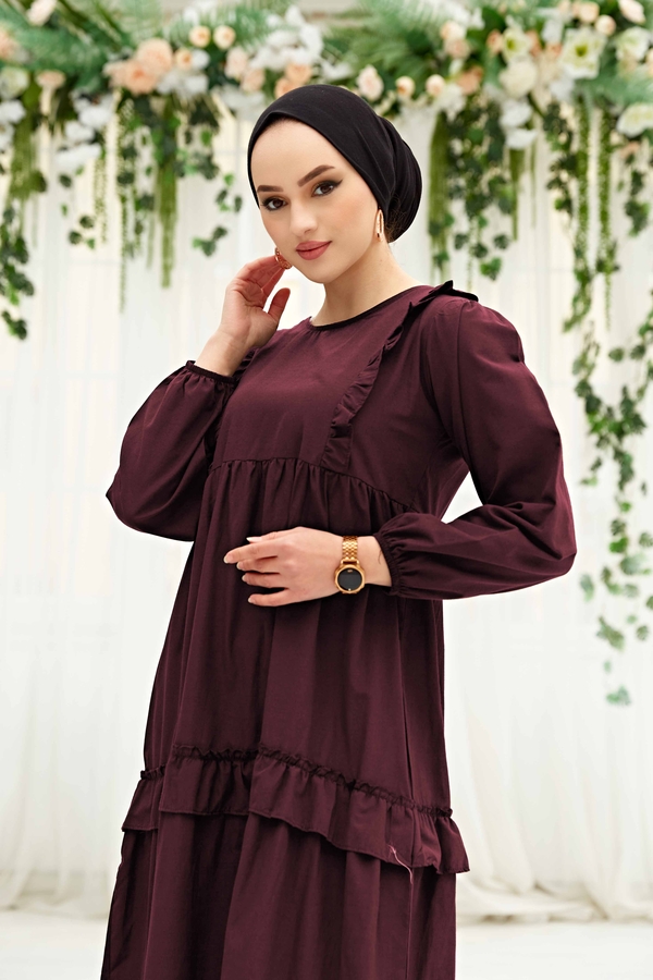Yns - Fırfırlı Poplin Elbise 580YNS-4698 Bordo (1)