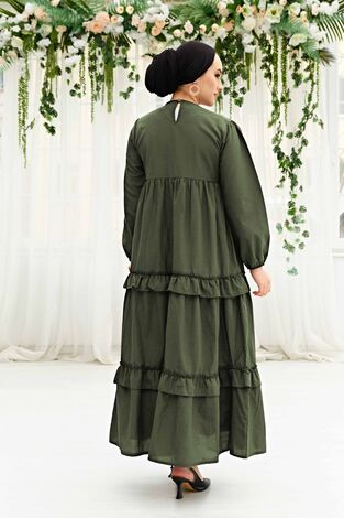 Fırfırlı Poplin Tesettür Elbise 580YNS-4698 Haki - Thumbnail