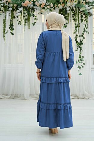 Fırfırlı Poplin Tesettür Elbise 580YNS-4698 İndigo - Thumbnail