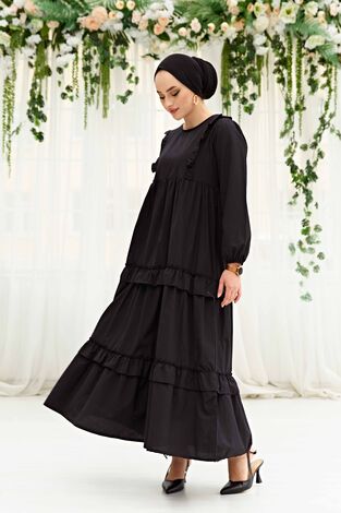 Fırfırlı Poplin Elbise 580YNS-4698 Siyah - Thumbnail