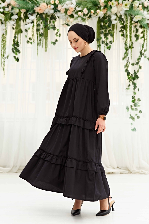 Yns - Fırfırlı Poplin Elbise 580YNS-4698 Siyah