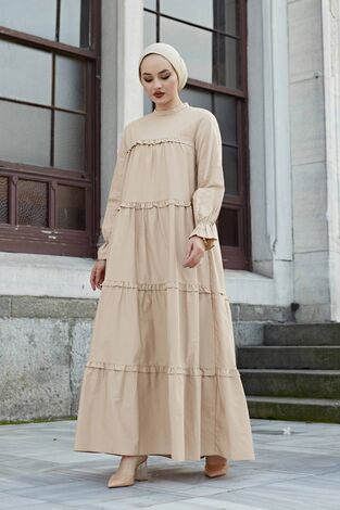 Fırfırlı Salaş Elbise 100MD10253 Bej - Thumbnail