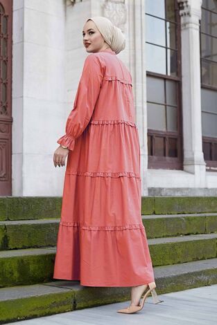 Fırfırlı Salaş Elbise 100MD10253 Gülkurusu - Thumbnail
