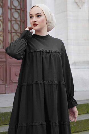 Fırfırlı Salaş Elbise 100MD10253 Siyah - Thumbnail