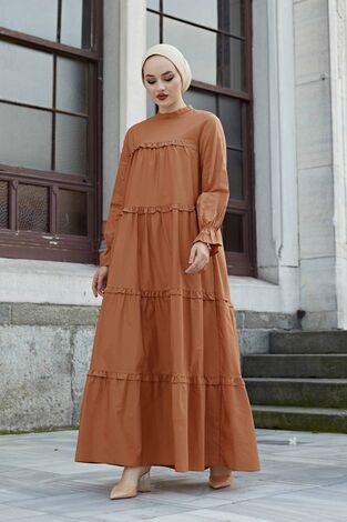Fırfırlı Salaş Elbise 100MD10253 Taba - Thumbnail