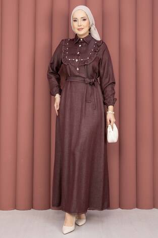 Fırfırlı Yaka Yarım Düğmeli Tensel Kot Elbise Bordo - Thumbnail