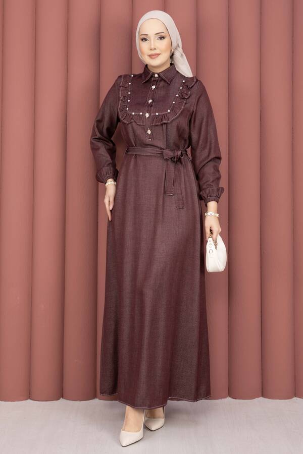 Mlk - Fırfırlı Yaka Yarım Düğmeli Tensel Kot Elbise Bordo