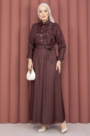 Fırfırlı Yaka Yarım Düğmeli Tensel Kot Elbise Bordo - Thumbnail
