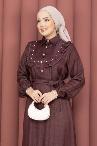 Fırfırlı Yaka Yarım Düğmeli Tensel Kot Elbise Bordo - Thumbnail