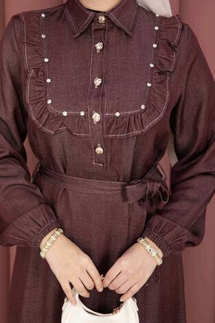 Fırfırlı Yaka Yarım Düğmeli Tensel Kot Elbise Bordo - Thumbnail