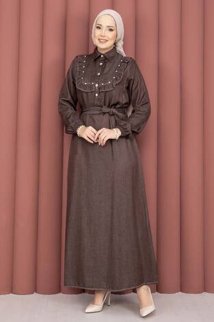 Fırfırlı Yaka Yarım Düğmeli Tensel Kot Elbise Kahve - Thumbnail