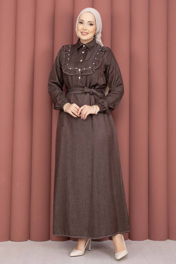 Mlk - Fırfırlı Yaka Yarım Düğmeli Tensel Kot Elbise Kahve