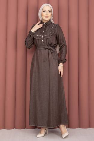 Fırfırlı Yaka Yarım Düğmeli Tensel Kot Elbise Kahve - Thumbnail