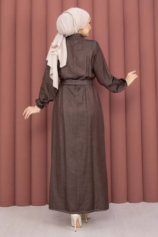 Fırfırlı Yaka Yarım Düğmeli Tensel Kot Elbise Kahve - Thumbnail