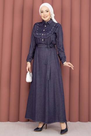 Fırfırlı Yaka Yarım Düğmeli Tensel Kot Elbise Lacivert - Thumbnail