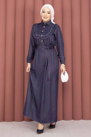 Fırfırlı Yaka Yarım Düğmeli Tensel Kot Elbise Lacivert - Thumbnail