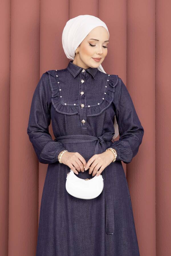 Mlk - Fırfırlı Yaka Yarım Düğmeli Tensel Kot Elbise Lacivert (1)