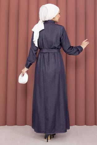 Fırfırlı Yaka Yarım Düğmeli Tensel Kot Elbise Lacivert - Thumbnail