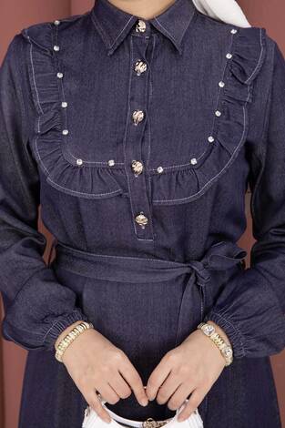 Fırfırlı Yaka Yarım Düğmeli Tensel Kot Elbise Lacivert - Thumbnail