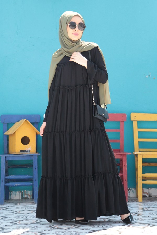 Krep Fırfırlı Elbise 3085-2 Siyah