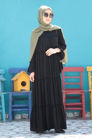 Krep Fırfırlı Elbise 3085-2 Siyah - Thumbnail