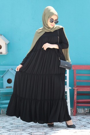 Krep Fırfırlı Elbise 3085-2 Siyah - Thumbnail