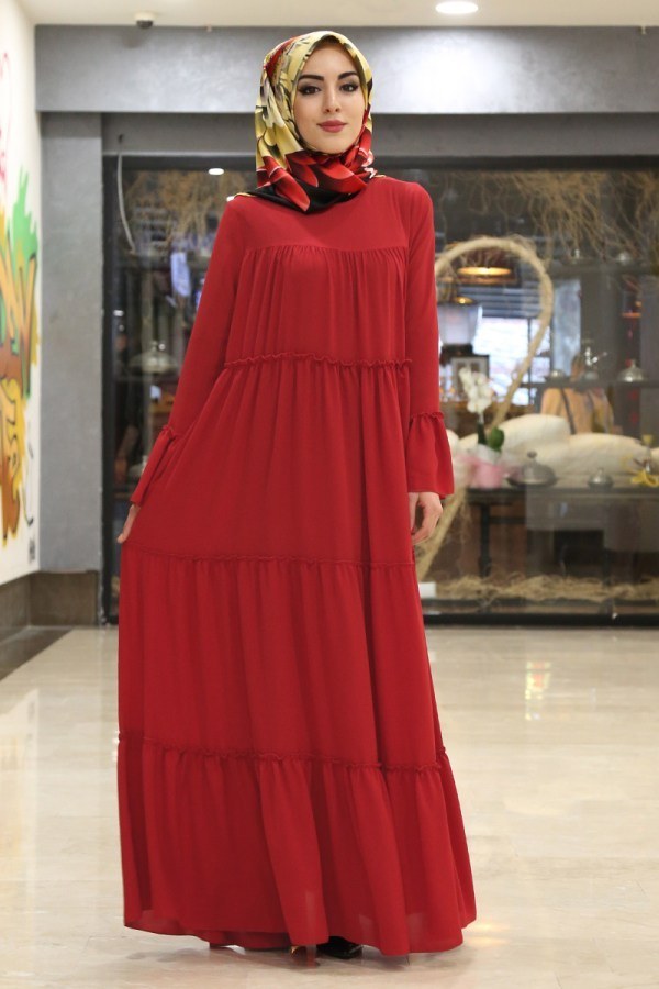 Krep Fırfırlı Elbise 3085-6 Kırmızı