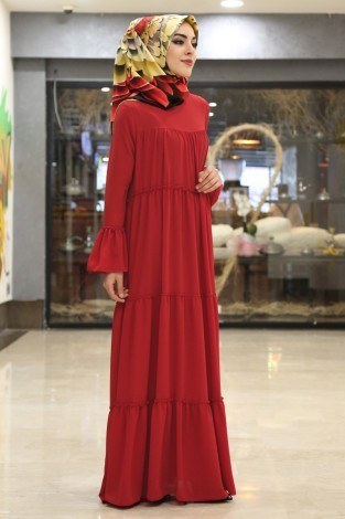 Krep Fırfırlı Elbise 3085-6 Kırmızı - Thumbnail