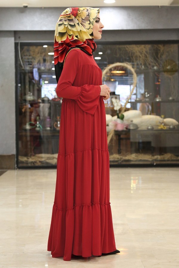 Krep Fırfırlı Elbise 3085-6 Kırmızı